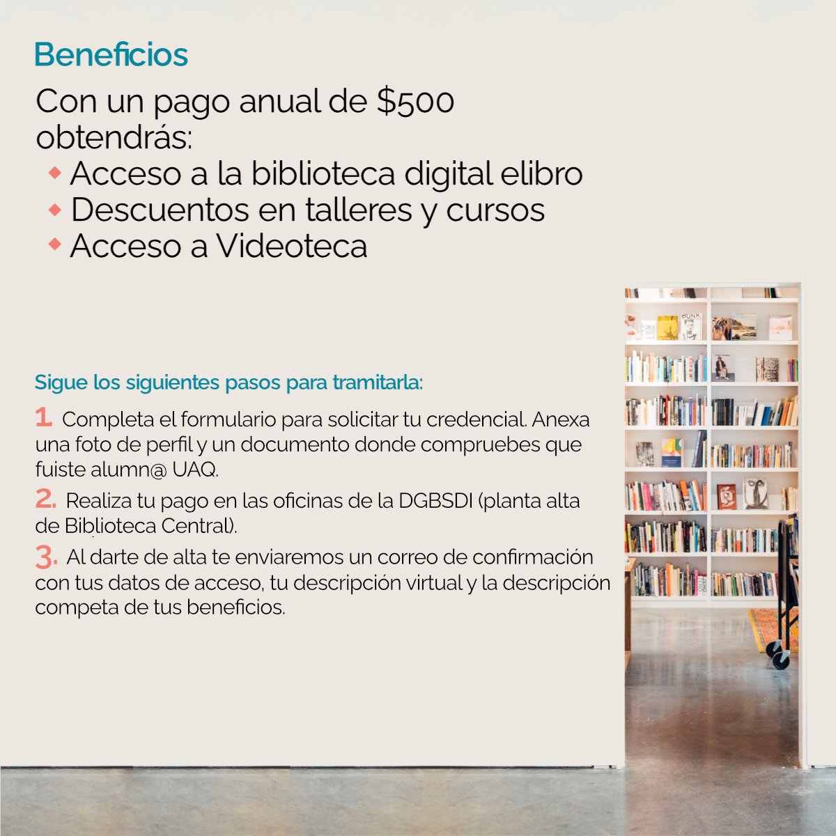 #Servicios | ¿Ya conoces la #CredencialDeEgresados?
Si estudiaste en la #UAQ, aún puedes seguir utilizando los servicios de biblioteca.
Formulario:
acervo.uaq.mx/cgi-bin/koha/p…
Informes: admin.bib@uaq.edu.mx
#DGBSDIuaq #libraries #querétaro #BibliotecasUAQ