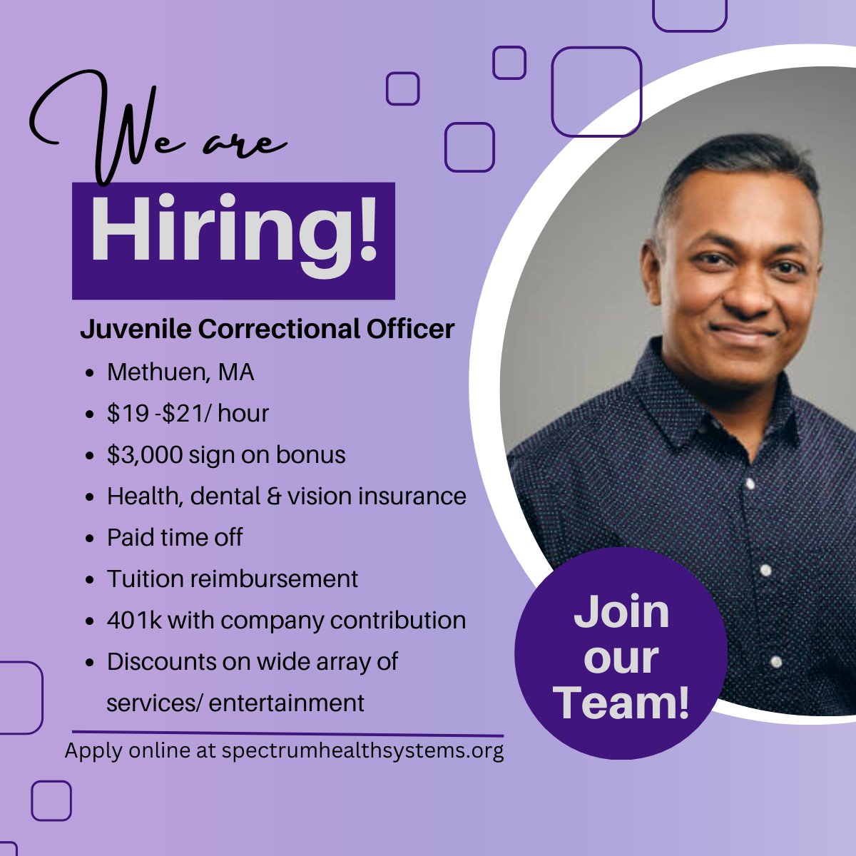 We are #hiring a juvenile correctional officer within our Bright Futures adolescent center in #Methuen.  Learn more about this role and its $3,000 sign-on bonus here: bit.ly/3u6gDlG