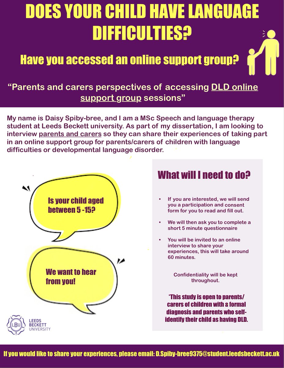 If you are the parent/carer of a child with DLD or language diffs and have accessed an online support group for parents/carers (such as DLD Together), we want to hear from you! Pls email Daisy Spiby-bree at D.Spiby-bree9375@student.leedsbeckett.ac.uk <a href="/NAPLIC/">NAPLIC</a> <a href="/Afasic/">Afasic</a> <a href="/SLTBeckett/">SLT at Leeds Beckett</a>