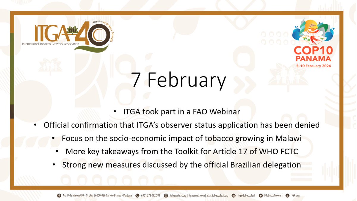 TobaccoGrowers's tweet photo. 👉 Follow the link to see ITGA's daily coverage of WHO FCTC #COP10: https://https://t.co/UpGDkXbWnw 

📰 Our bulletin is available in English, Spanish and Portuguese

#ITGA40Years #ITGA #TobaccoGrowers https://t.co/kbR0ChQLjz