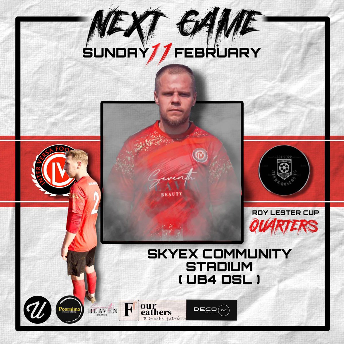 🚨🚨🚨ATTENTION🚨🚨🚨

This Sunday we battle it out again with <a href="/MtownRoversFC/">Mtown Rovers FC</a> in the quarter finals of the Roy Lester cup!

If your free pop down and watch! All support is appreciated 👺