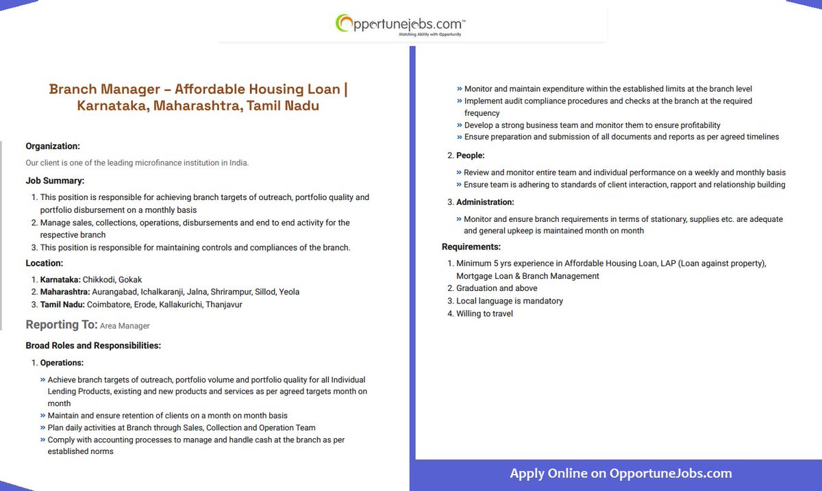 OpportuneJobs's tweet photo. #Hiring #Branch_Manager – Affordable Housing Loan in Karnataka, Maharashtra, Tamil Nadu. Multiple vacancies available!
Apply at https://t.co/Kze7xl0Ant
#OpportuneJobs #MicrofinanceJobs #jobsinmicrofinance #job #JobOpening #jobseekers #jobsearch #microfinance #jobalert https://t.co/rugcxMWrZ7