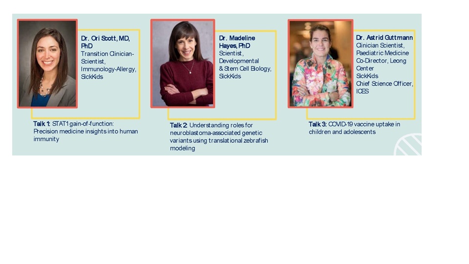 Amazing @SickKidsNews @uoftmedicine Dept of Pediatrics Grand Rounds for 2024 Women in Science Day (early)- #precisionchildhealth research from 3 incredible scientists teaching us about immunodeficiency, zebrafish and population data (& sharing career pearls)#STEM 🩺🧬🔬♀️👩‍🔬