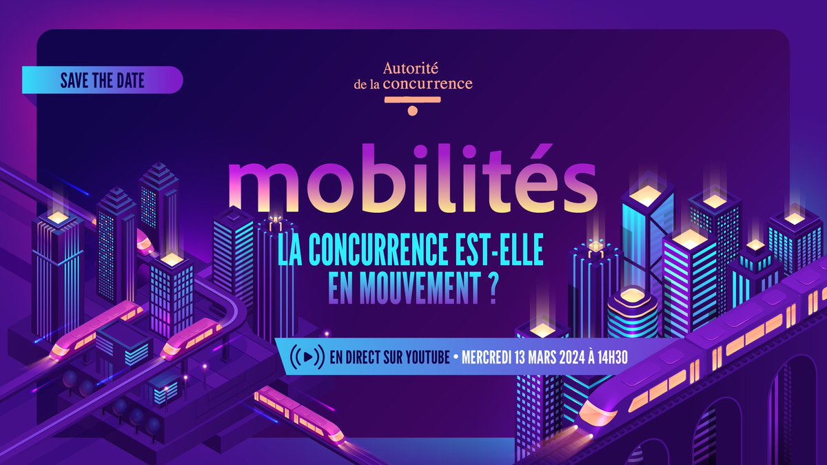 [#SaveTheDate] L'Autorité organise un webinaire  #mobilitésADLC avec 2 tables-rondes passionnantes🚄 dans le prolongement de son avis sectoriel sur le transport terrestre de personnes. Rejoignez-nous mercredi 13 mars à 14h30! 
+ d'infos &amp; inscriptions➡️ autoritedelaconcurrence.fr/fr/article/web…