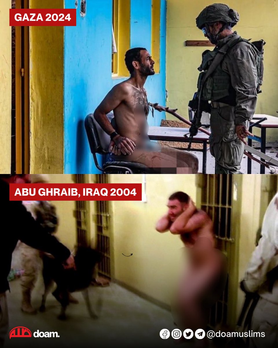 doamuslims's tweet photo. History Repeating Itself! 

American soldiers torturing and humiliating Iraqi in Abu Ghraib prison, #Iraq, 2004.

Israeli soldier torturing Palestinian inside a school in #Gaza, 2024.

#Gaza_Genocide https://t.co/UCPNbbJd17