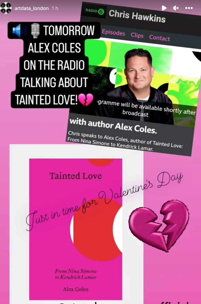 ArtdataLondon's tweet photo. Don't miss Alex Coles speaking to Chris Hawkins
@chris_hawkins 
on BBCRadio6 @BBC6Music  
tomorrow, all about

Tainted Love - From Nina Simone to Kendrick Lamar

from @SternbergPress 
💔📚❤️

#taintedlove #alexcoles #ValentinesDay https://t.co/gpD8r0PVTH