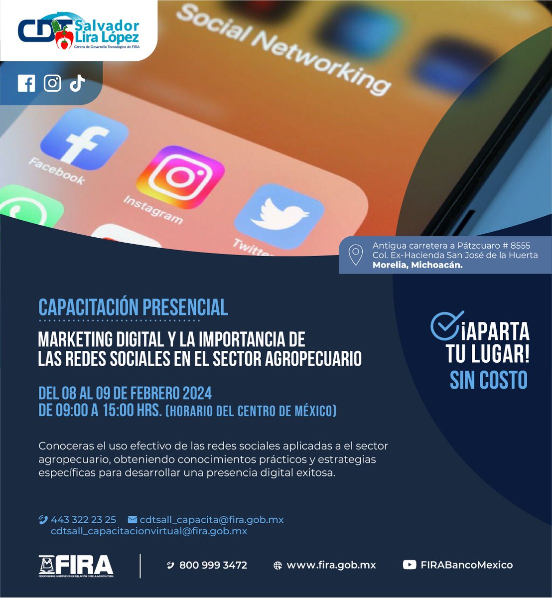 FIRA_Mexico's tweet photo. 🌱📲 Asiste a la Capacitación Presencial de Marketing Digital y la Importancia de Las Redes Sociales en el Sector Agropecuario 🚜📱

🗓️ Del 08 al 09 de febrero 2024
🕘 9:00 a 15:00 hrs.

Regístrate en https://t.co/nuo011fhFm https://t.co/SEhfc6t4t3