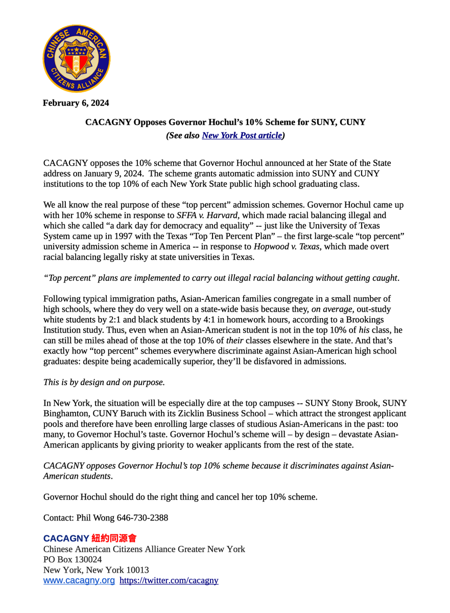 CACAGNY Opposes Governor Hochul’s 10% Anti-Asian Quota Scheme for SUNY and CUNY University Admissions