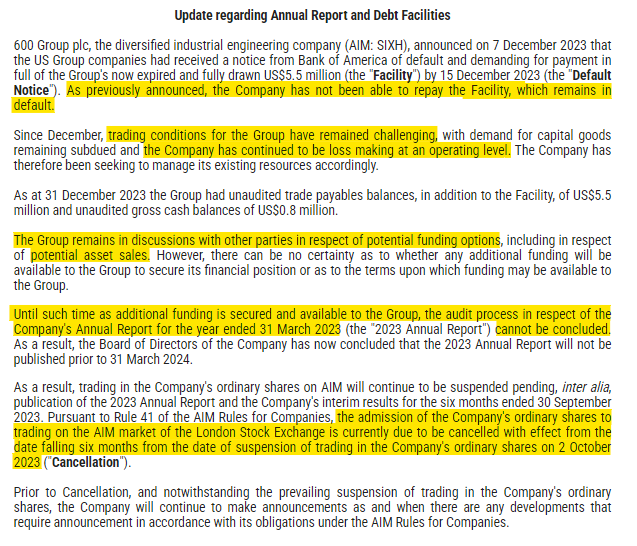 1James1n1's tweet photo. #SIXH - Update makes sorry reading:
❌ Remains in default on bank facility
❌ Trading "remains challenging"
❌ Continued op level losses
❌ Funding options discussed, incl asset sales
❌ Accounts cannot be completed (going concern)
❌ Shares remain suspended, Cancellation pending https://t.co/q6PLkZWqhY