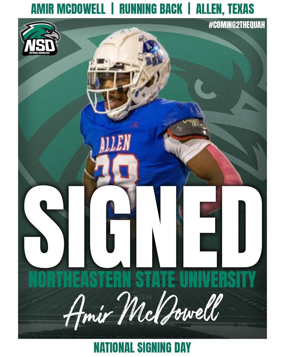 NSU_Football's tweet photo. Amir McDowell is an Athletic running back from Allen High School.  He brings 4.4 speed to the Riverhawks, which he used to amass 879 rushing yards and 18 TDs with an explosive 6.9 yard average for the Eagles.  Welcome to the Quah! 🦅🔥🦅🔥 https://t.co/QyeAmfJdjM
