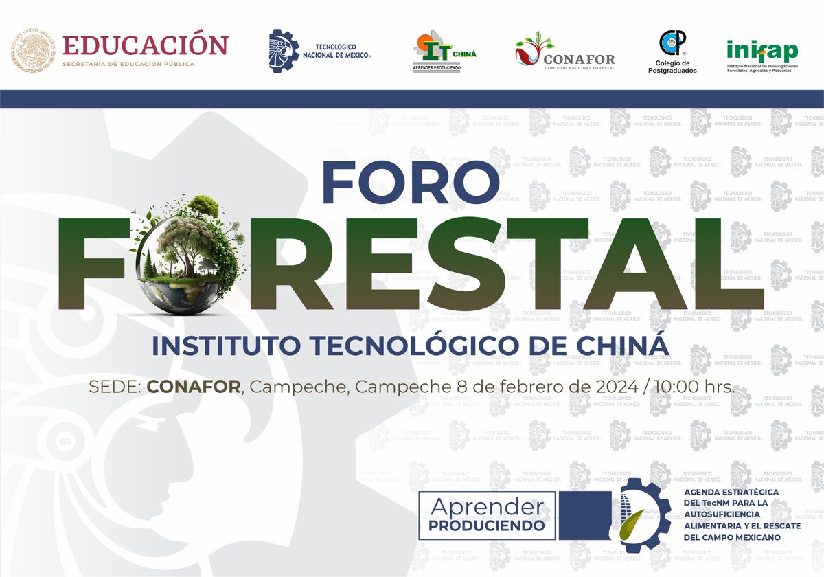 #TecNMCampusChináInforma
El #TecNMCampusChiná te invita al Foro Forestal, el cual se realizará el día 8 de febrero en punto de las 10:00 hrs. en las instalaciones de la #CONAFOR Campeche.  
#TecNM
#SomosTecNM
#TodosSomosTecNM
#OrgulloTecNM
#TecNMCampusChiná
#Campeche