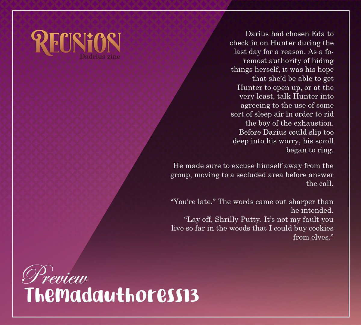 dadriuszine's tweet photo. ✨Fic Preview✨

Our final fic is by @/themadauthoress
Darius and Hunter's first time apart since the adoption, and the feelings that come from this separation even if short 
#theowlhouse #toh #wovengold https://t.co/1tHGnOeh4h