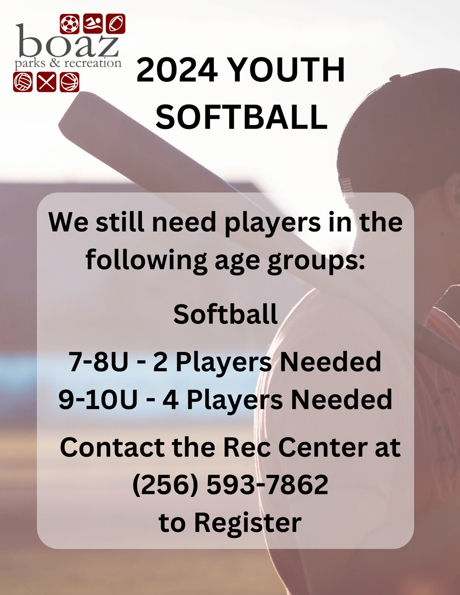 boazrec's tweet photo. Players are still needed for Spring League Softball 7/8U and 9/10U. If you would still like to register or know of someone who would like to register, please contact the Boaz Rec Center at (256) 593-7862 https://t.co/HKZFzawMJx