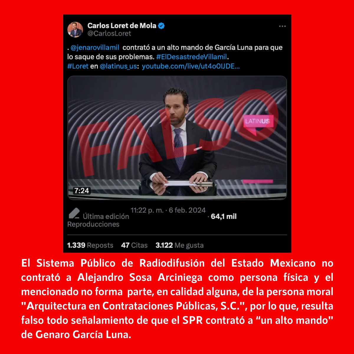 infodemiaMex's tweet photo. ❌Falso que el Sistema Público de Radiodifusión del Estado Mexicano (@SPRMexico) contrató a "un alto mando" de Genaro García Luna
✅El @SPRMexico no contrató a Alejandro Sosa Arciniega como persona física y el mencionado no forma parte, en calidad alguna, de la persona moral "Arquitectura en Contrataciones Públicas, S.C.", por lo que, resulta falso todo señalamiento de que el SPR contrató a “un alto mando" de Genaro #GarcíaLuna