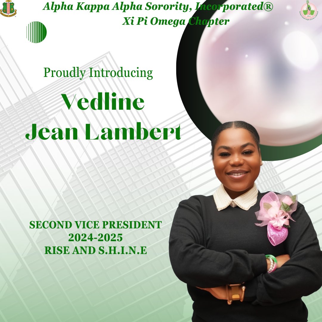XiPiOmegaAKA's tweet photo. ⭐️Meet our 2024-2025 Chapter 2nd VP, Vedline Jean Lambert! ⭐️

Vedline joined Alpha Kappa Alpha Sorority, Inc.® at FAU's Simply Irresistible Sigma Iota Chapter in Fall 2018, later becoming a member of Xi Pi Omega Chapter in 2020. 🩷💚

#AKA1908 #XiPiOmega #RiseAndSHINE https://t.co/IFutyMTe4i