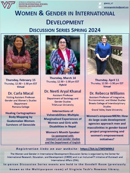 Introducing the Spring 2024 speakers of the Women and Gender in International Development <a href="/WGD_VT/">Women&Girls in Dev</a> Discussion Series!  Visit our website for more details and registration links to the upcoming exciting new events!   🔗rb.gy/tqvuuz
#GenderAndDev