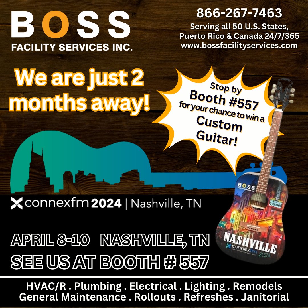 BOSSFSI's tweet photo. We are 2 months away from the 2024 ConnexFM show APRIL 8-10 in NASHVILLE, TN! Mosey over to our Booth #557 to say hi to the BOSS team and enter for a chance to win a Custom Guitar. See ya'll soon!
π€ πΈπ΅
#BOSS #teamBOSS #BOSSome #BossFSI #CONNEXFM https://t.co/1MonX6tJnW