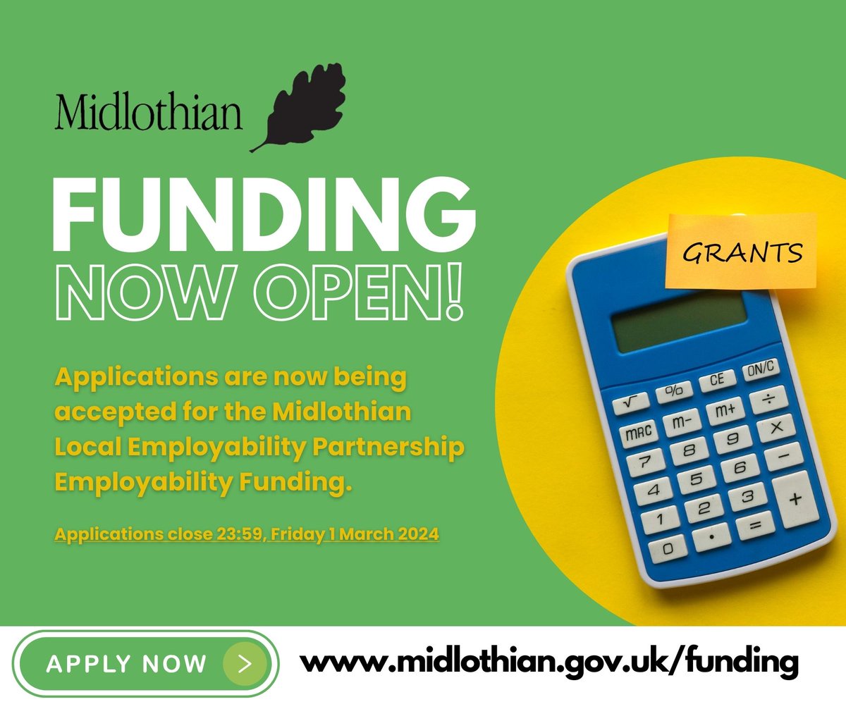 APPLY for the Midlothian Local Employability Partnership Employability Funding. The fund is open to providers who can deliver employability support for:

🟢25-67 year olds
🟢Young people, 24 and under 
🟢Priority Families with children in relative poverty

ow.ly/GSXS50QyOot