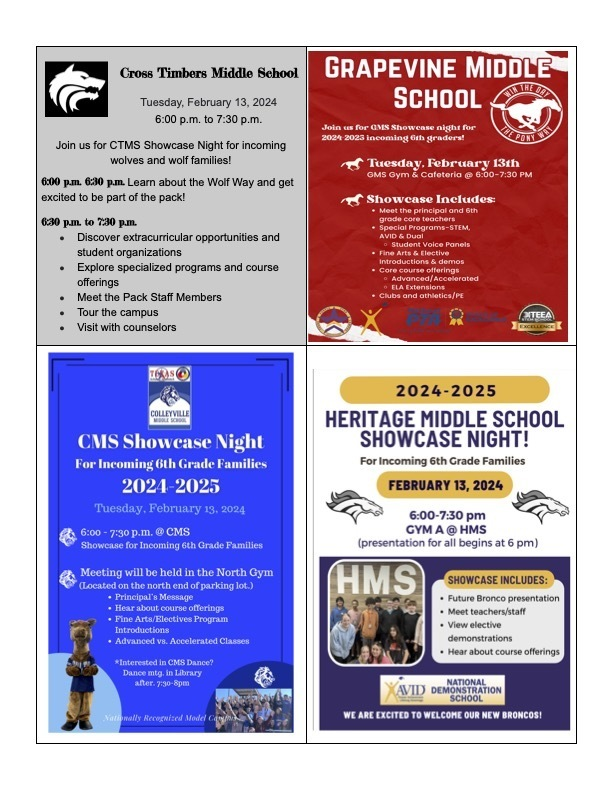 Calling all future middle school students!  Save the date for Middle School Information Night on February 13, 2024 at 6:00 p.m.