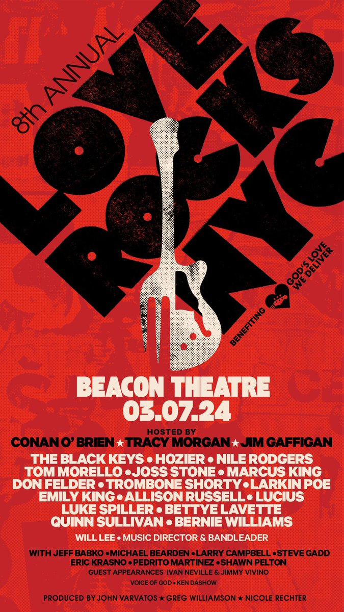 Excited to be joining Jim Gaffigan, Tracy Morgan & more for the 8th annual #LoveRocksNYC benefit on 3/7 at the @beacontheatre. Pre-sale tix go on sale tomorrow at 10am: godslovenyc.org/loverocksnyc20…