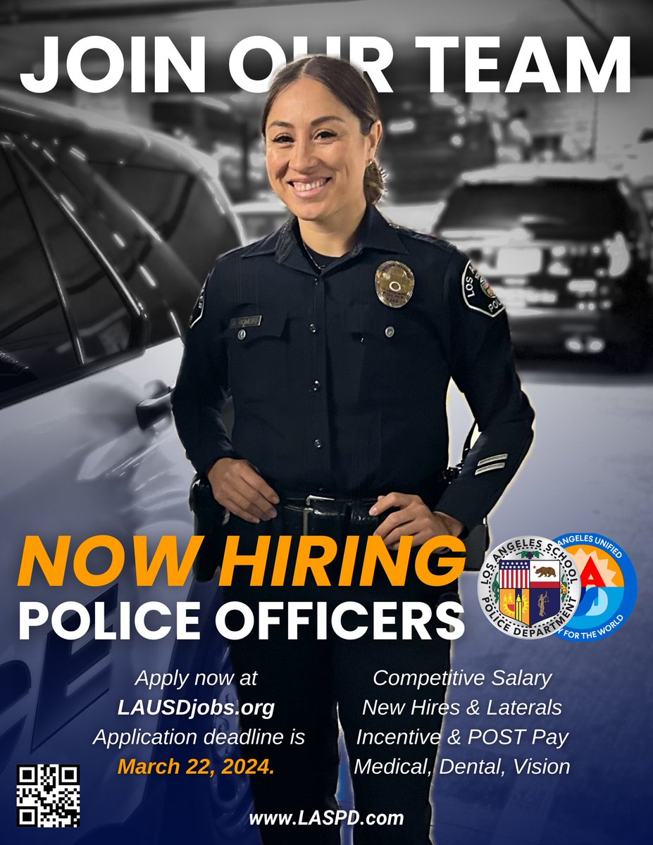 ‼️WE ARE HIRING‼️

The Los Angeles School Police Department is looking for motivated individuals who are ready to make a difference!

Apply today at LAUSDJobs.org or visit LASPD.com &amp; click #JoinOurTeam.

‼️Application deadline is March 22, 2024‼️