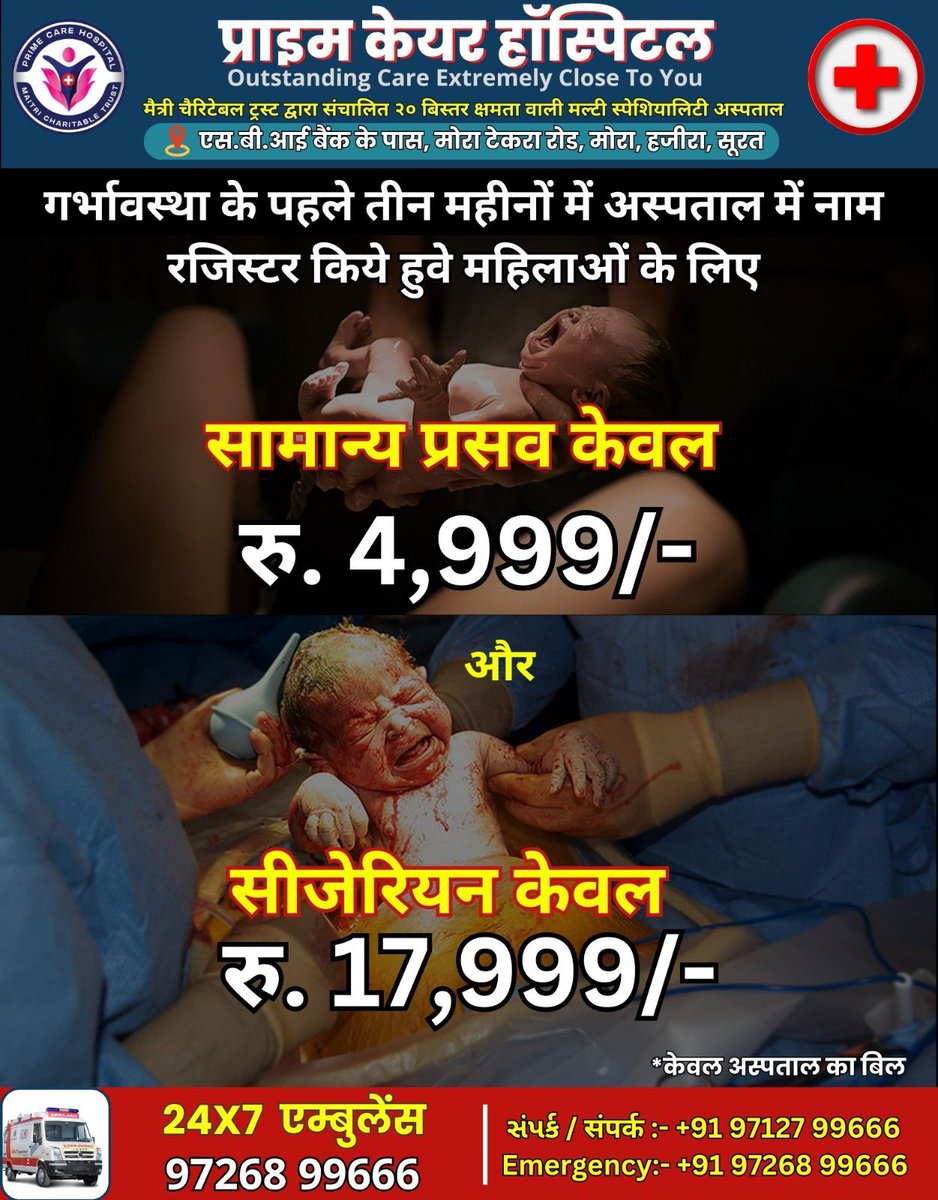 maitrisurat's tweet photo. નોર્મલ અને સિઝેરિયન ડિલિવરી / सामान्य और सीजेरियन प्रसव

ગર્ભાવસ્થાના પ્રથમ ત્રણ મહિનામાં હોસ્પિટલ માં નામ નોંધાયેલ મહિલાઓ માટે

गर्भावस्था के पहले तीन महीनों में अस्पताल में नाम रजिस्टर किये हुवे महिलाओं के लिए

#PrimeCareHospital #Mora #Hazira https://t.co/Pb4QOC374k