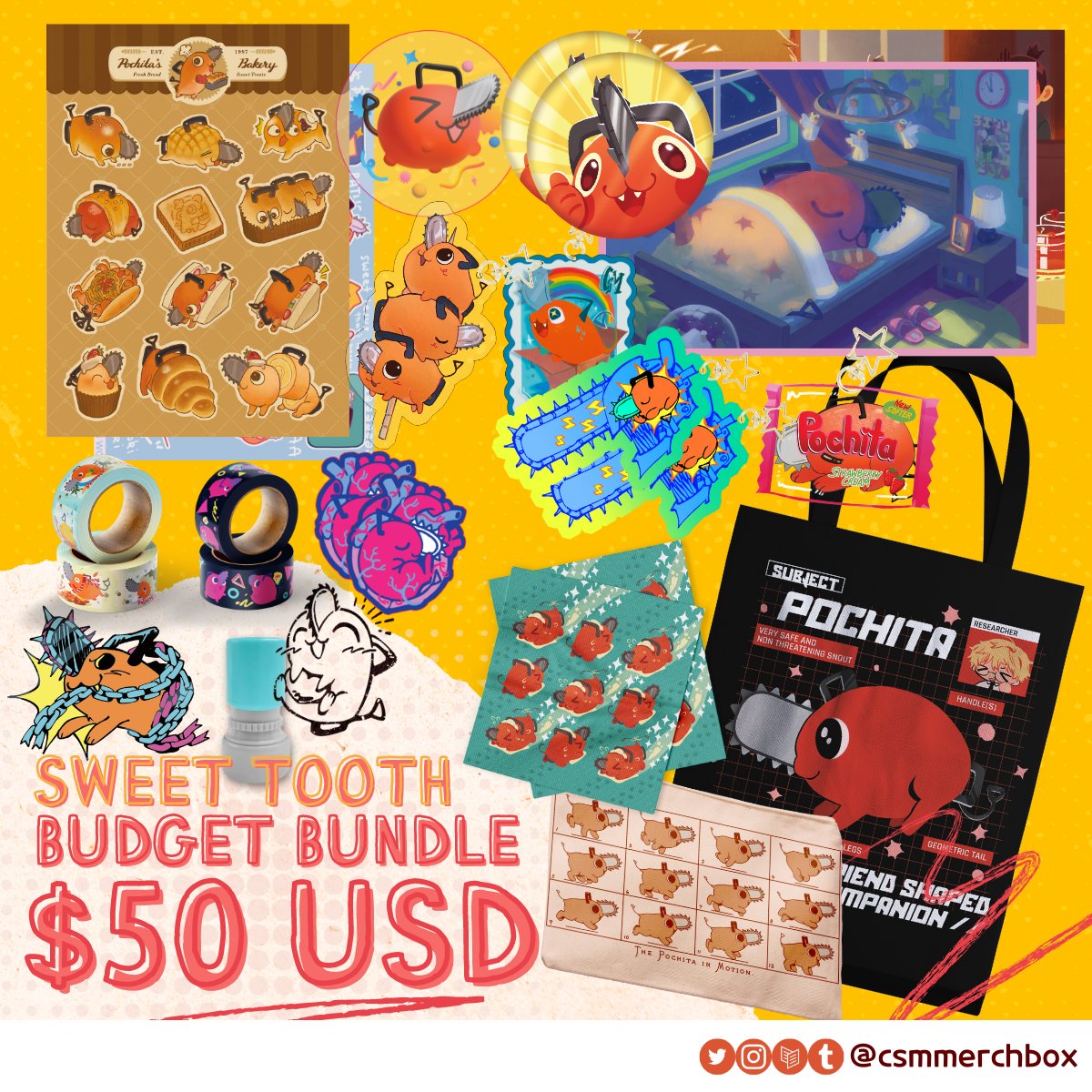 💛LO bundle spotlights💛

Cuteness with a side of chainsaw, on a budget! Perfect for those with a sweet tooth or a love for all things cute. Rumour has it you get 7 years of happiness with this bundle ;D

🛒csmmerchbox.bigcartel.com