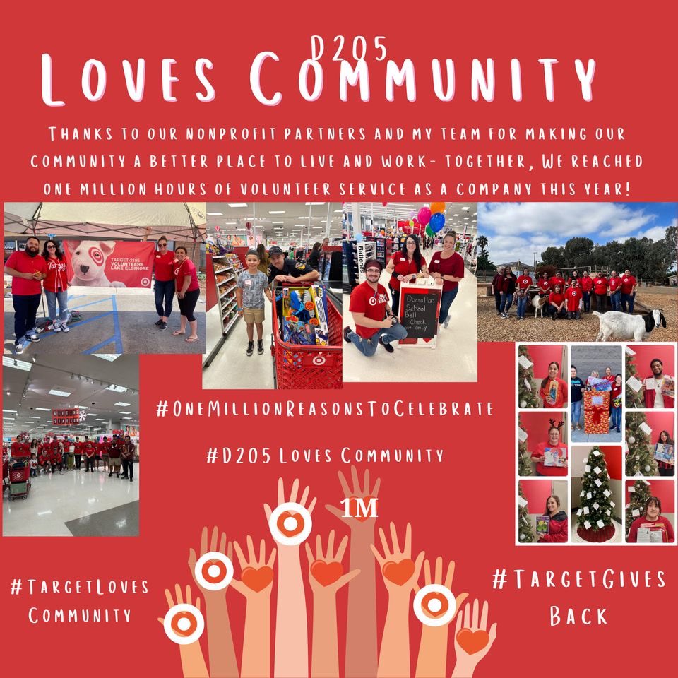 Care*Grow*Win Together- in our stores and in our communities! Celebrating reaching our 1M volunteer hours goal today! 
#TargetLovesCommuntiy
#OneMillionReasonsToCelebrate
#TargetGivesBack