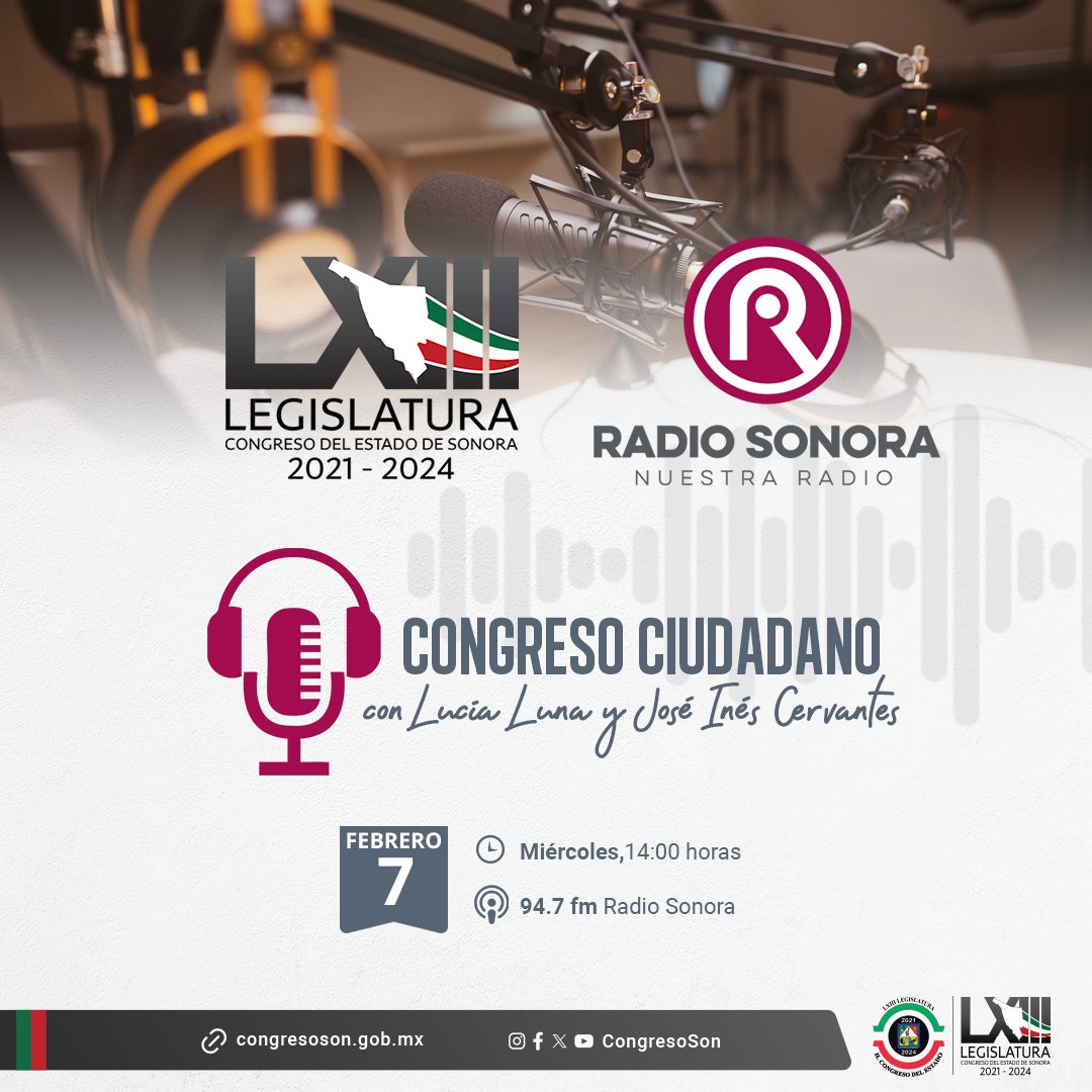 🎙️Hoy, regresa #CongresoCiudadano a través de <a href="/RSonoraFM/">Radio Sonora</a>. En esta emisión contaremos con la asistencia de la diputada presidenta <a href="/BettyCotaPonce/">Betty Cota Ponce</a> y el diputado <a href="/KikoMunro/">Kiko Munro</a>, quienes hablarán sobre diversos temas del acontecer legislativo. ¡Escúchanos!