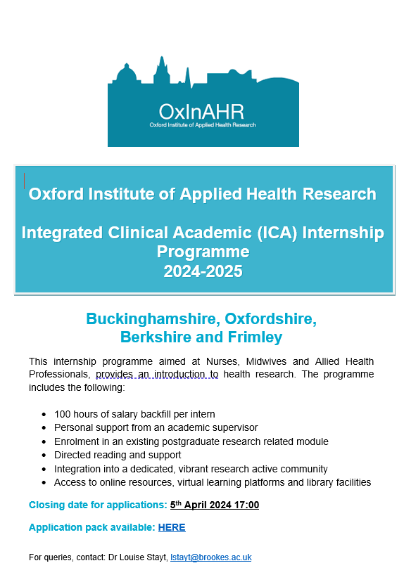 An exciting opportunity for an internship programme aimed at Nurses, Midwives and Allied Health Professionals, providing an introduction to health research @FrimleyICSAHPs @BHTResearch @bhtahp @AHPsBerksHealth @BerksResearch @OUH_Research @ouh_therapies @OUH_OCE @oxfordhealthAHP