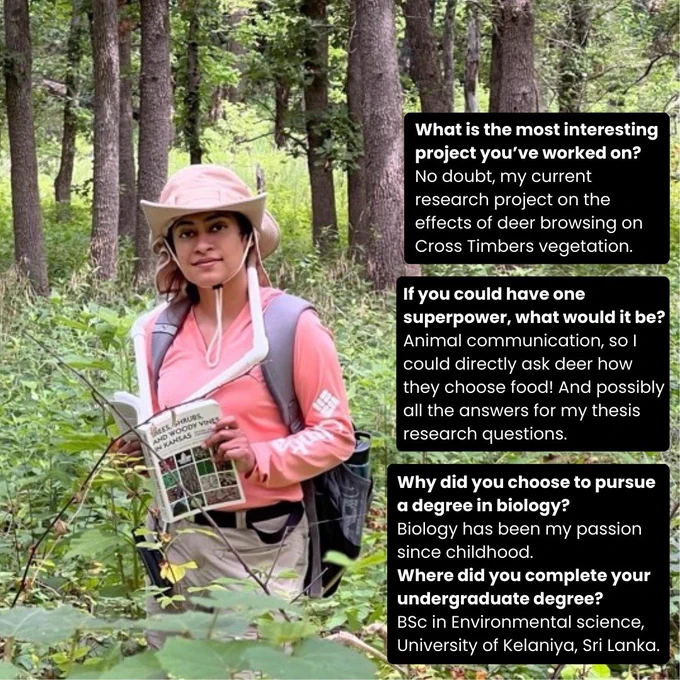 Binuri standing in a thick field of tall plants. She is wearing a sun hat and backpack, while holding a Kansas field guidebook.