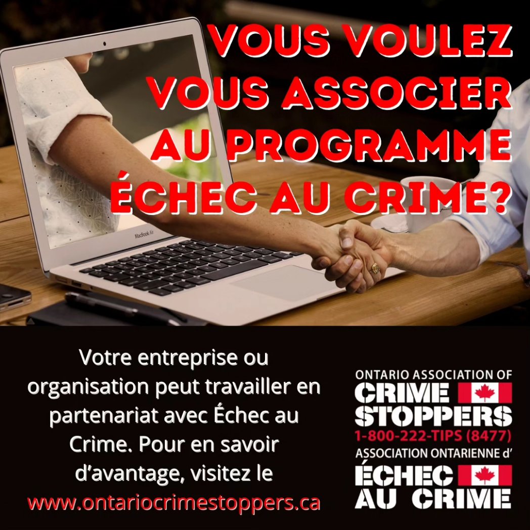 Are you interested in partnering with #CrimeStoppers in #Ontario?

Contact us! ontariocrimestoppers.ca 

Got a Tip?
#SayItHere #DitesLeIci