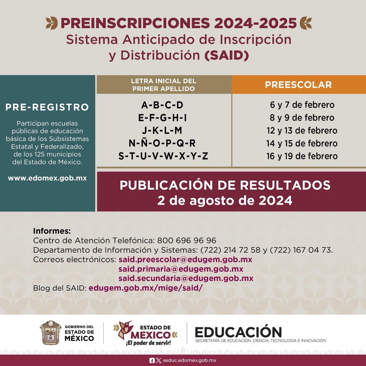 #NoLoDejesPasar || Realiza el trámite de tu hija o hijo para primer ingreso a #Preescolar, si la primera letra de su apellido es A, B, C o D.

Consulta la convocatoria en: edomex.gob.mx

#TodosSomosTlatoani