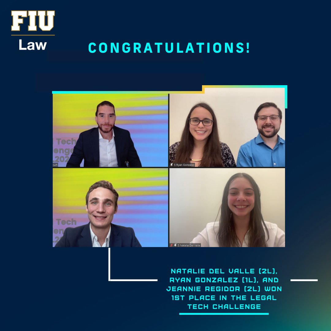 Celebrating our outstanding students! 🎉 Congrats to Natalie Del Valle (2L), Ryan Gonzalez (1L), and Jeannie Regidor (2L) for clinching 1st Place in the Legal Tech Challenge. Their innovative solution, 'LegalSpeak,' wowed the judges. Read more: bit.ly/3w4xlT3