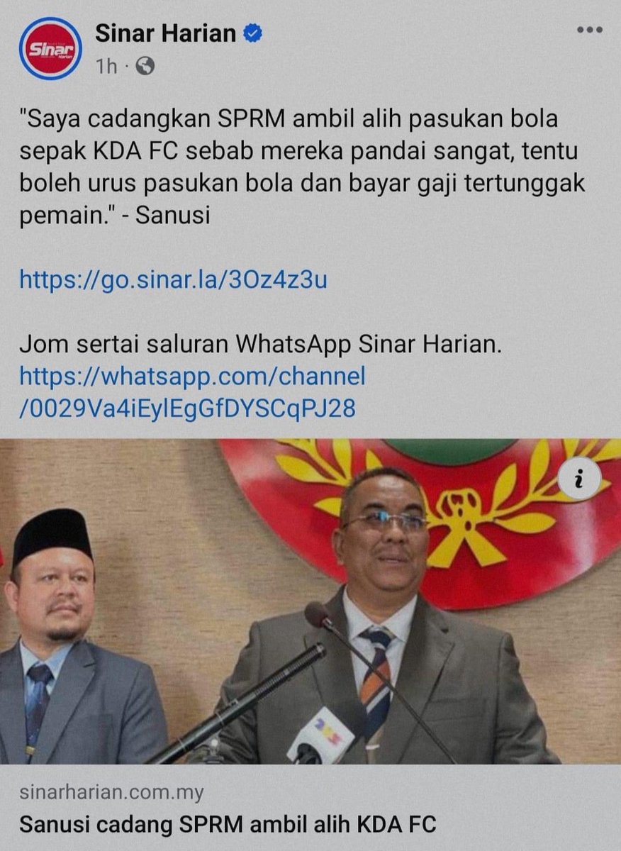 "Sanusi cadangkan SPRM ambil alih pasukan KDA FC"

Sanusi salahkan SPRM sebab tak ada syarikat yang mahu menaja pasukan Kedah akibat dakwaan rasuah.

Fakta :
1.Gaji pemain pasukan Kedah tidak dibayar bermula Ogos-Dec 2023.
2.Dakwaan rasuah oleh SPRM terhadap CEO KFA pada bulan