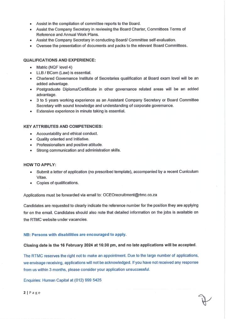 CarolBoitumelo1's tweet photo. Road Transport Management Corporation is hiring!

Cleaner
Groundsmen
Occupational Health &amp; Safety Officer
Security Officer
Security Team Leader
Site Supervisor
Pantry Assistant
Canteen Manager
Chef
Senior Chef
Dishwasher
Cook
Assistant Company Secretary

Refer to pictures https://t.co/CJ78kHCrEZ