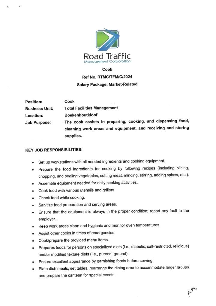 CarolBoitumelo1's tweet photo. Road Transport Management Corporation is hiring!

Cleaner
Groundsmen
Occupational Health &amp; Safety Officer
Security Officer
Security Team Leader
Site Supervisor
Pantry Assistant
Canteen Manager
Chef
Senior Chef
Dishwasher
Cook
Assistant Company Secretary

Refer to pictures https://t.co/CJ78kHCrEZ