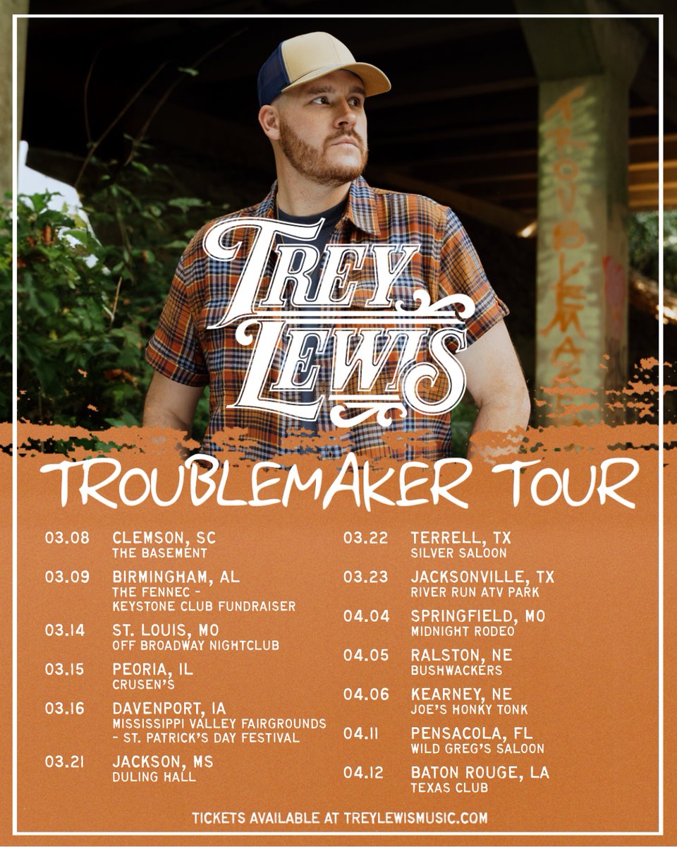 🚨 New Shows Added 🚨
Alabama, Missouri, South Carolina, and Nebraska, get those tickets!
Birmingham tickets will be on sale later this week and VIP passes for the Troublemaker Tour will be available soon. We're gonna have a damn good time! treylewismusic.com