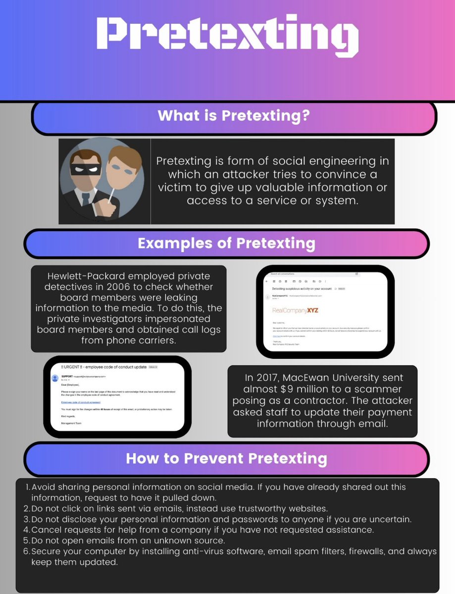 Cybersecurity learners created infographics to prevent others from falling victim to social engineering attacks! We support @CISAJen 's #SecureOurWorld campaign! Take a look to learn how you can be more secure. @MsDiFede @MineolaUFSD #MineolaProud