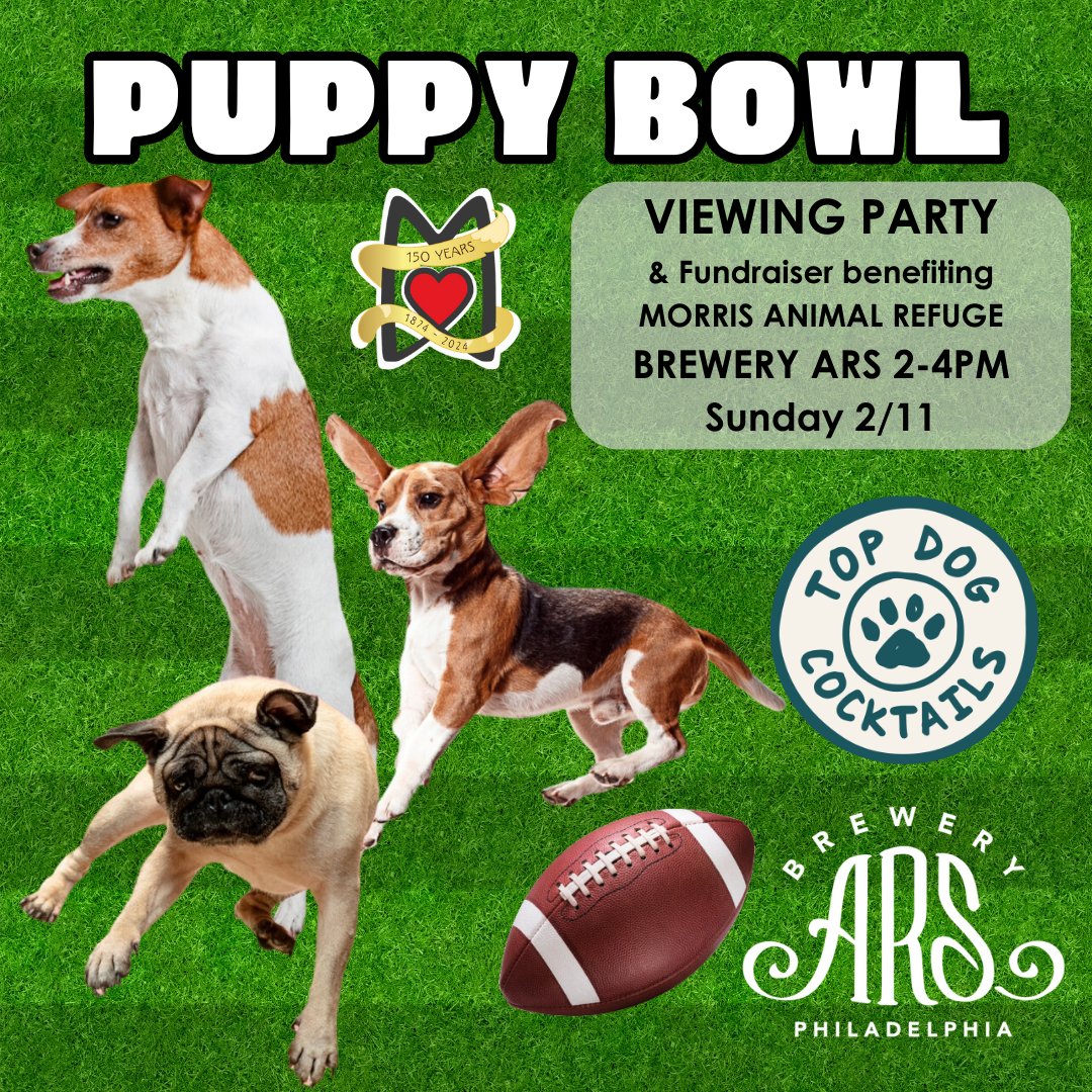 🐾 Join us at Brewery ARS on Sun, Feb 11, 2-4 PM for a Puppy Bowl viewing party! 🏈🐶 Dogs welcome on the patio. Raffles, specials, & lots of fun! Support Morris Animal Refuge. 🐾 #PuppyBowlParty #MorrisAnimalRefuge #BreweryARS 🍻🐾