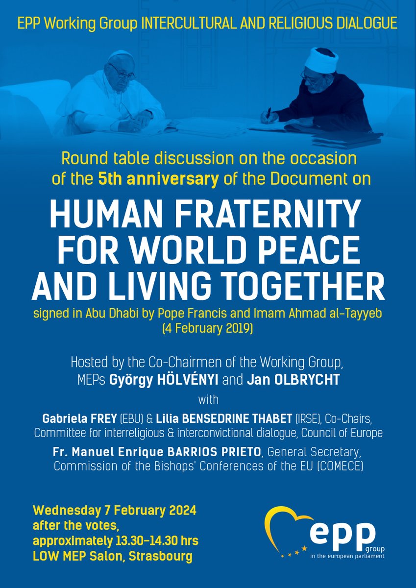 AgardiAtilla's tweet photo. Today @EPPGroup we commemorate 5th anniversary of the Document on Human Fraternity for World Peace and Living Together, also known as the "Abu Dhabi declaration" signed on 4 February 2019 between @Pontifex of the Catholic Church and Sheikh Ahmed el-Tayeb, Grand Imam of Al-Azhar. https://t.co/fFOunp6bPR