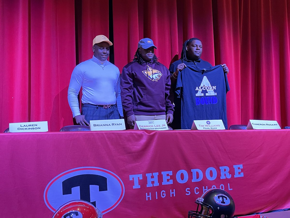 Cortez Nelson (@corteznelson97) on Twitter photo Congratulations to these three Bobcats who have chosen to take their talents to the next level. I have enjoyed coaching each of them. <a href="/thsbobcats/">Theodore Bobcat Football</a>
<a href="/Dleejr3422/">Derrick Lee jr</a> - Birmingham Southern College
<a href="/timwilliamsjr33/">Tim Williams jr</a> - Pearl River College
<a href="/cameran_rogers/">Cam</a> - Alcorn State
#BobcatBuilt Congratulations to these three Bobcats who have chosen to take their talents to the next level. I have enjoyed coaching each of them. <a href="/thsbobcats/">Theodore Bobcat Football</a>
<a href="/Dleejr3422/">Derrick Lee jr</a> - Birmingham Southern College
<a href="/timwilliamsjr33/">Tim Williams jr</a> - Pearl River College
<a href="/cameran_rogers/">Cam</a> - Alcorn State
#BobcatBuilt