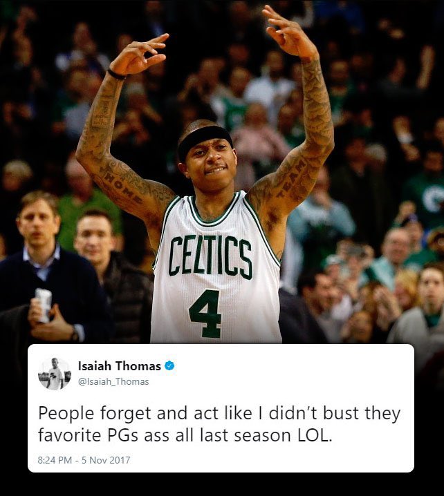 Ballislife's tweet photo. HBD Isaiah Thomas! 
Reminder: He's 5-9, averaged 28.9 PTS & "busted your favorite PGs ass" during the 2016-17 season!   

53 PTS (29 in 4th/OT) 
52 PTS (29 in 4th) 
44 PTS (10/16 FG) 
44 PTS, 7 AST 
41 PTS, 8 AST 
38 PTS, 9 AST 
38 PTS (20 in 4th) 
29 PTS, 15 AST 
28 PTS, 9 AST, GW