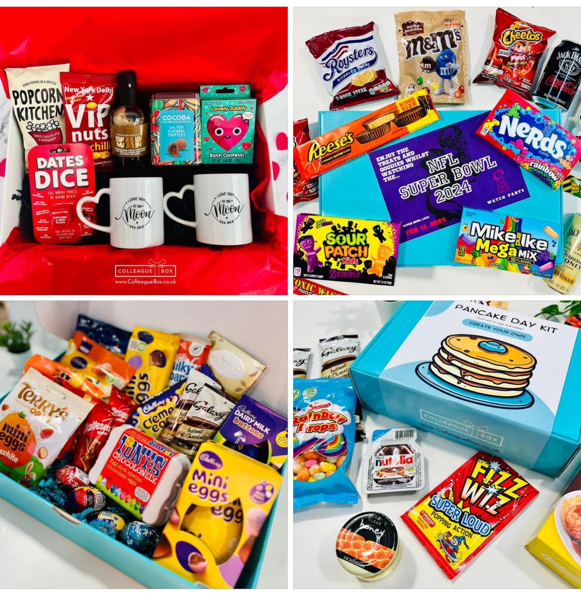 Limited Edition Seasonal Gifts: ❤️ Valentines Day Sharing Hamper 🏈 Super Bowl Snack Pack 🥞 Pancake Day Create Your Own Kit 🐣 Easter Chocolate Sharing Hamper All gifts include personalised printed message and sleeve! Order online at colleaguebox.co.uk