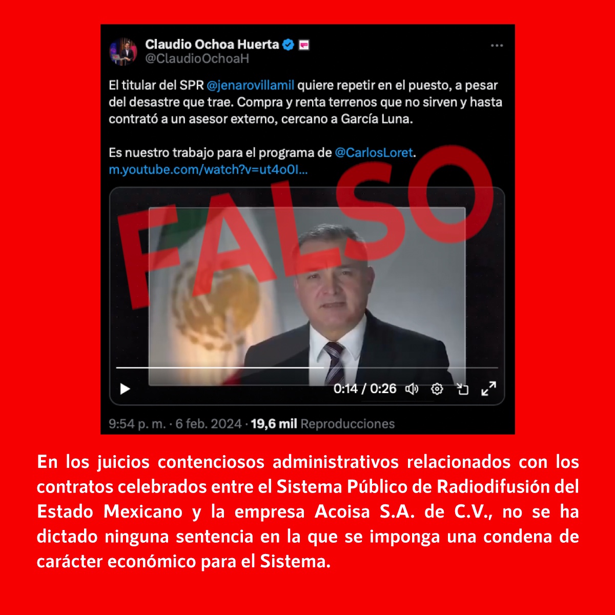 infodemiaMex's tweet photo. ❌Falso que el Sistema Público de Radiodifusión del Estado Mexicano (@SPRMexico) perdió juicios contra la constructora Acoisa S.A. de C.V. por 40 mdp
✅En los juicios contenciosos administrativos relacionados con los contratos celebrados entre el @SPRMexico y la empresa Acoisa S.A. de C.V., no se ha dictado ninguna sentencia en la que se imponga una condena de carácter económico para el Sistema