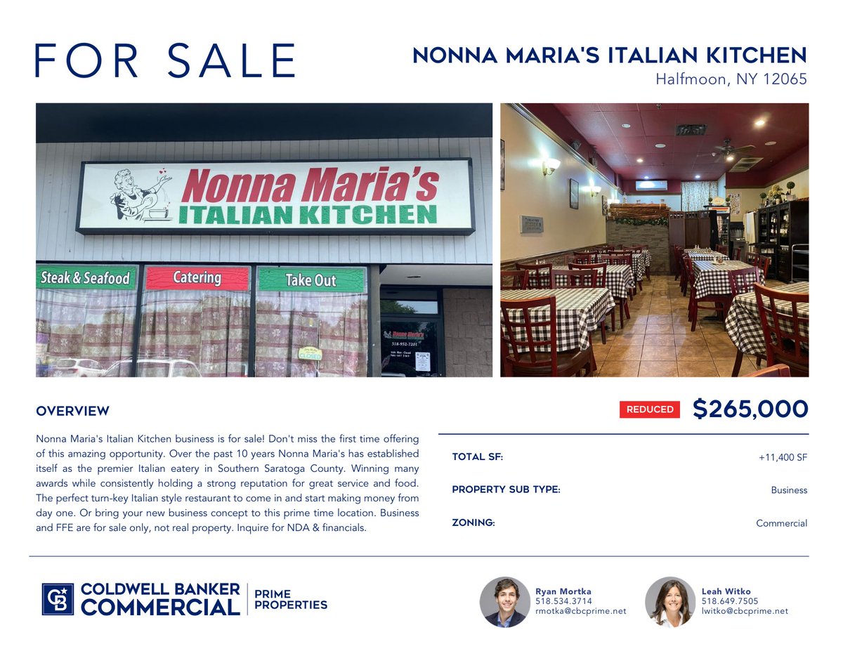 Popular restaurant for sale in Clifton Park NY! #business #leasehold #cliftonpark #inline #forsale #italianfood #ryanmortka #witkocbcpp #cbcpp #cbcworldwide