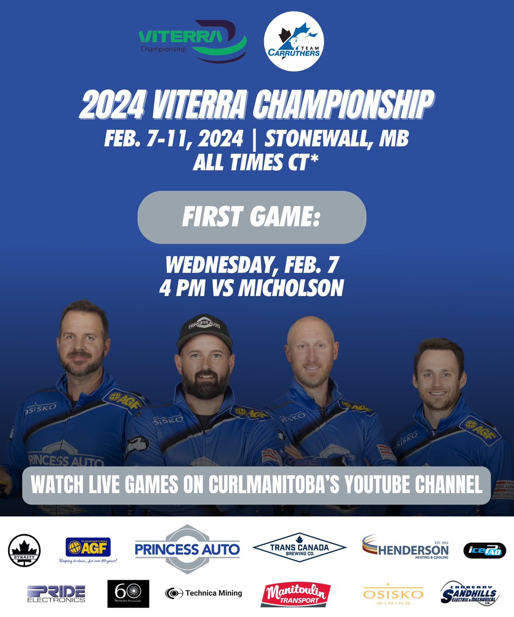 2024 VITERRA CHAMPIONSHIP 🗓 The buffalo hunt begins today! Winner will go on to represent Manitoba at the 2024 Montana's Brier in Regina, SK March 1-10. 🦬 FIRST GAME ⬇️ 🗓️ Wednesday, Feb. 7 ⏰ 4 pm CT 🆚 Micholson 📺 CurlManitoba’s YouTube Channel #Viterra2024Stonewall