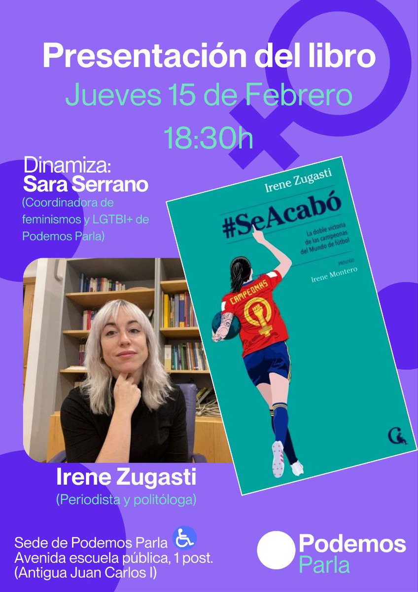 Podemos_Parla's tweet photo. 🤩 PRESENTACIÓN 🤩
📚 ¡Irene Zugasti presenta #Secabo
🌟 El 15 de febrero a las 18:30 h te invitamos a la presentación de "Sᴇ ᴀᴄᴀʙᴏ́", una historia inacabada de la selección de fútbol femenino.
📍 Av. Escuela pública, 1 post ( Juan Carlos I)
🎉📖 #PresentaciónDeLibros https://t.co/SFQPPjZObC