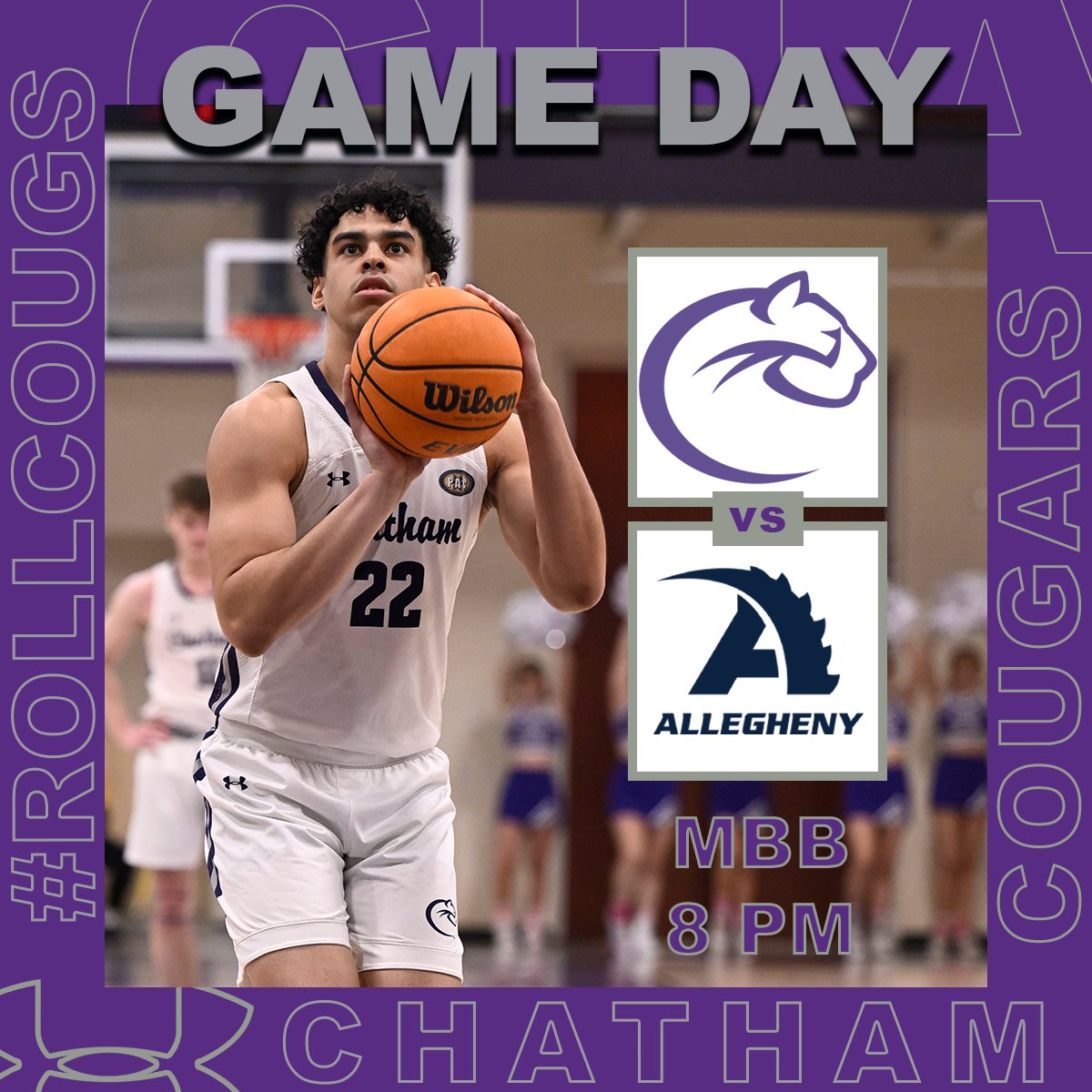 ChathamCougar's tweet image. Men’s Basketball looks to make it 5️⃣ straight wins tonight as they battle the Gators in the Cougar Den 🔥

🏀: vs. Allegheny
📍: AFC
🕐: 8️⃣ PM
📺: @PACSports 

#RollCougs #d3hoops