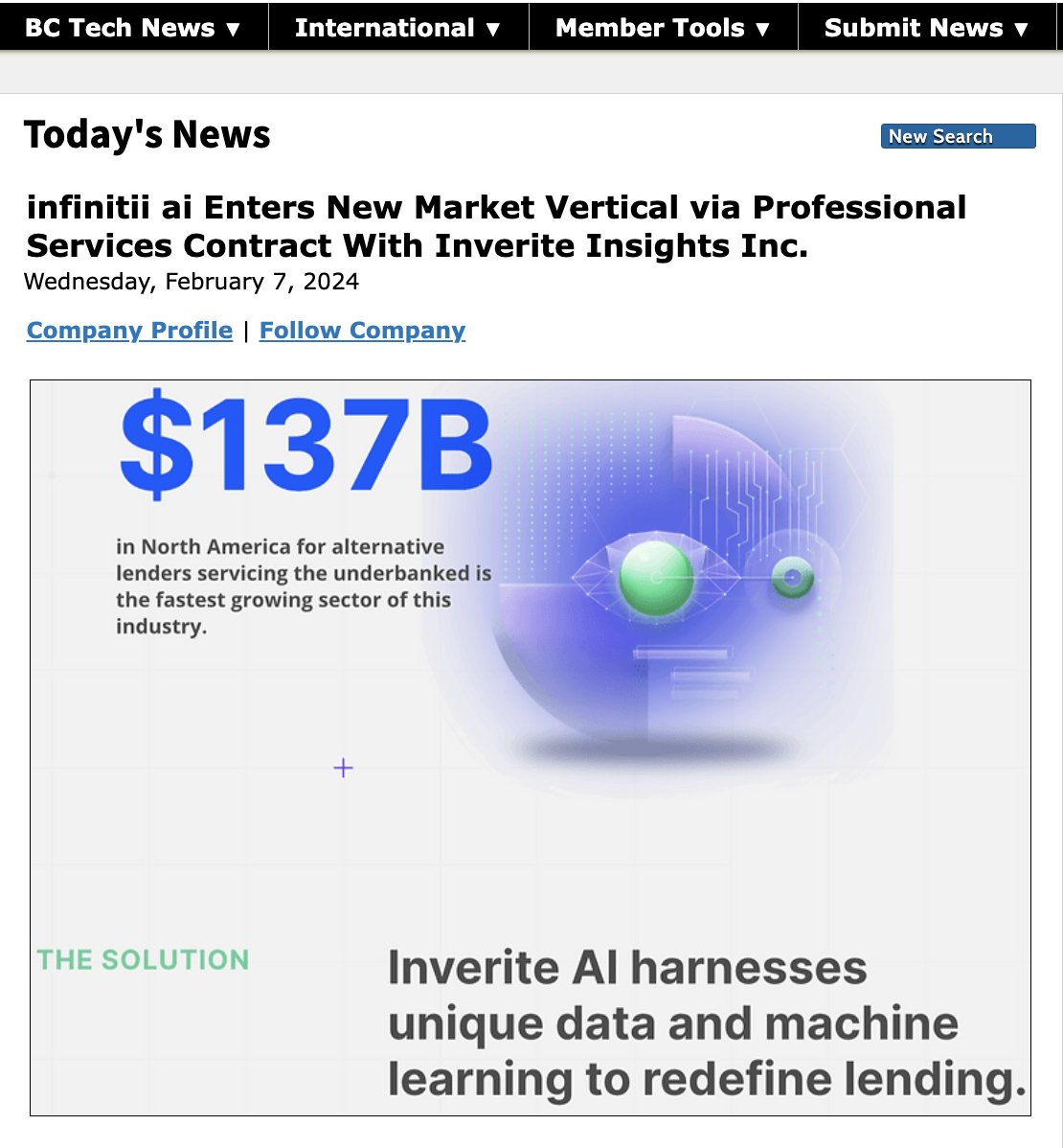 infinitiiai's tweet image. Two exciting #BC #AI companies garner coverage in #BCTechnology.com. @infinitiiai enters new #OpenBanking vertical with @inveriteinc to develop new #ML capabilities that predict probability to pay/likelihood to default on loans

$IAI.cn $CDTAF $7C5

bctechnology.com/news/2024/2/7/…